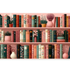 Pink Floral Bookshelf Desk Mat | Plant Shelf Decor artwork on an extended desk mat with pink floral bookshelf design