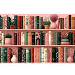 Pink Floral Bookshelf Desk Mat | Plant Shelf Decor artwork on an extended desk mat with pink floral bookshelf design
