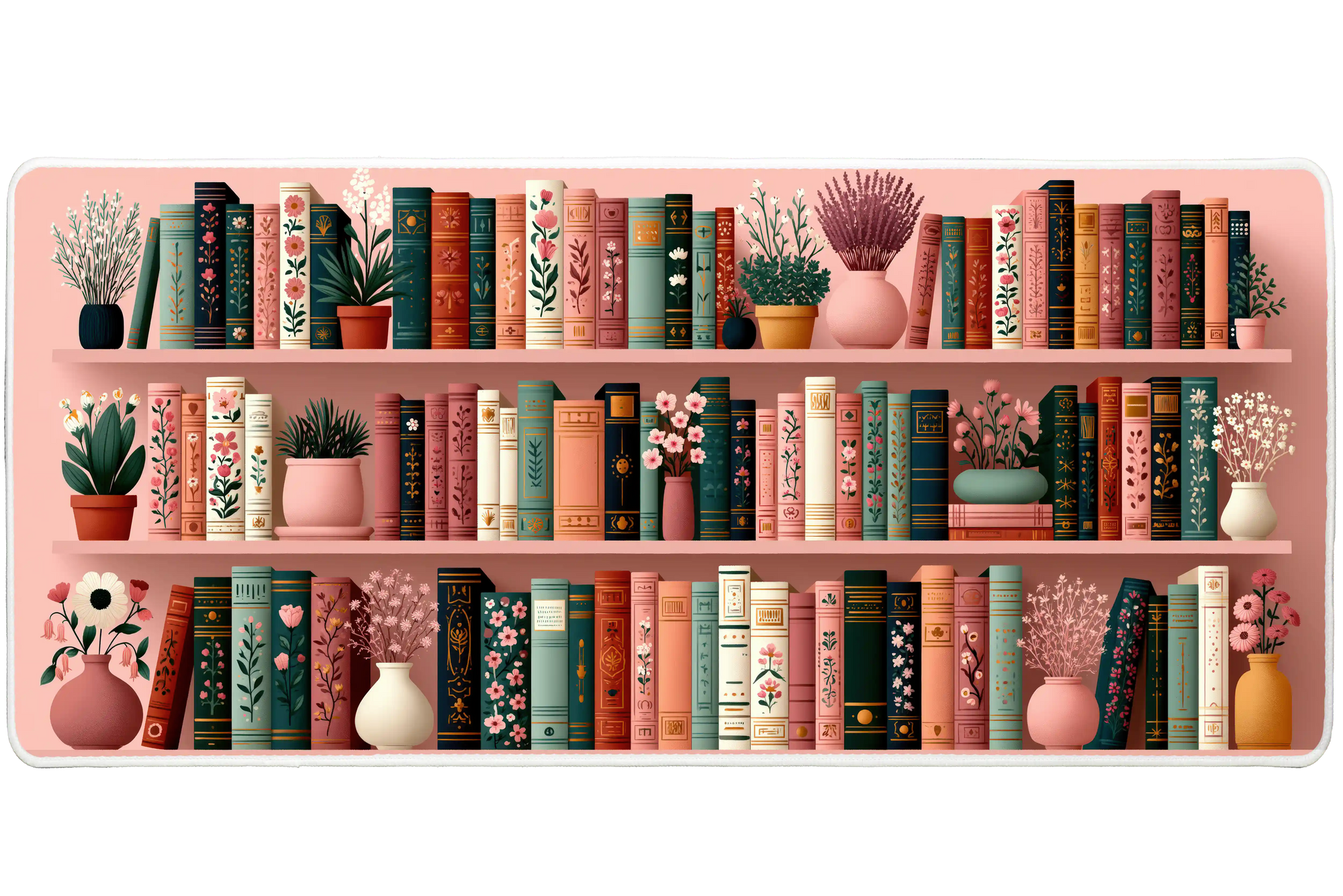 Pink Floral Bookshelf Desk Mat | Plant Shelf Decor artwork on an extended desk mat with pink floral bookshelf design