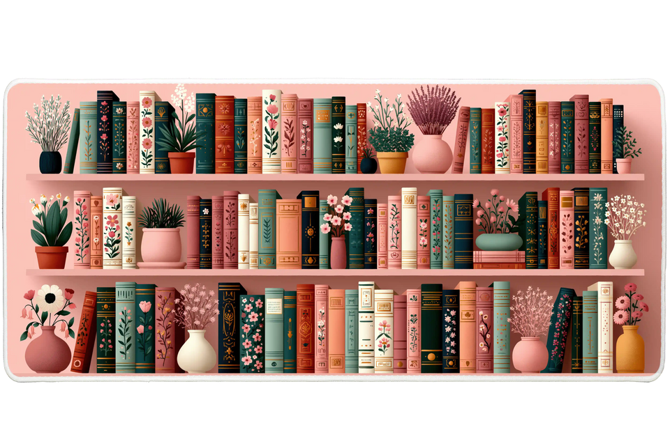 Pink Floral Bookshelf Desk Mat | Plant Shelf Decor artwork on an extended desk mat with pink floral bookshelf design