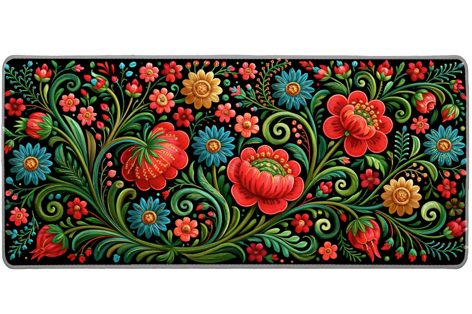 Faux Embroidery Floral desk mat artwork in a wide product view