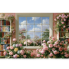 Floral Library Desk Mat | Pink Rose Garden View artwork on an extended desk mat with floral library design