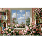 Floral Library Desk Mat | Pink Rose Garden View artwork on an extended desk mat with floral library design