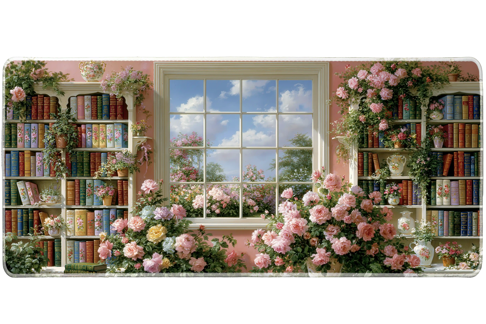 Floral Library Desk Mat | Pink Rose Garden View artwork on an extended desk mat with floral library design