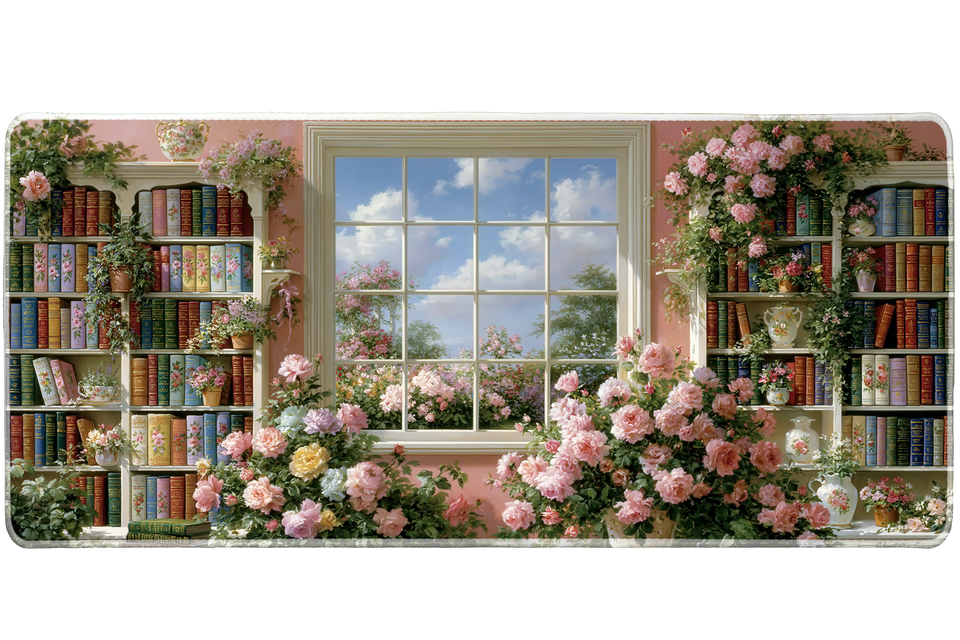 Floral Library Desk Mat | Pink Rose Garden View artwork on an extended desk mat with floral library design