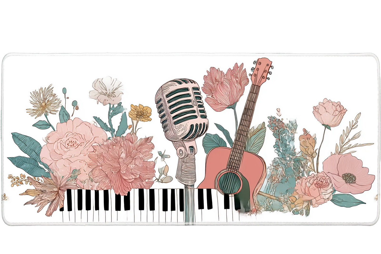 Aesthetic 36x16in custom mouse pad with floral music design, stitched edge – PrintMyPad