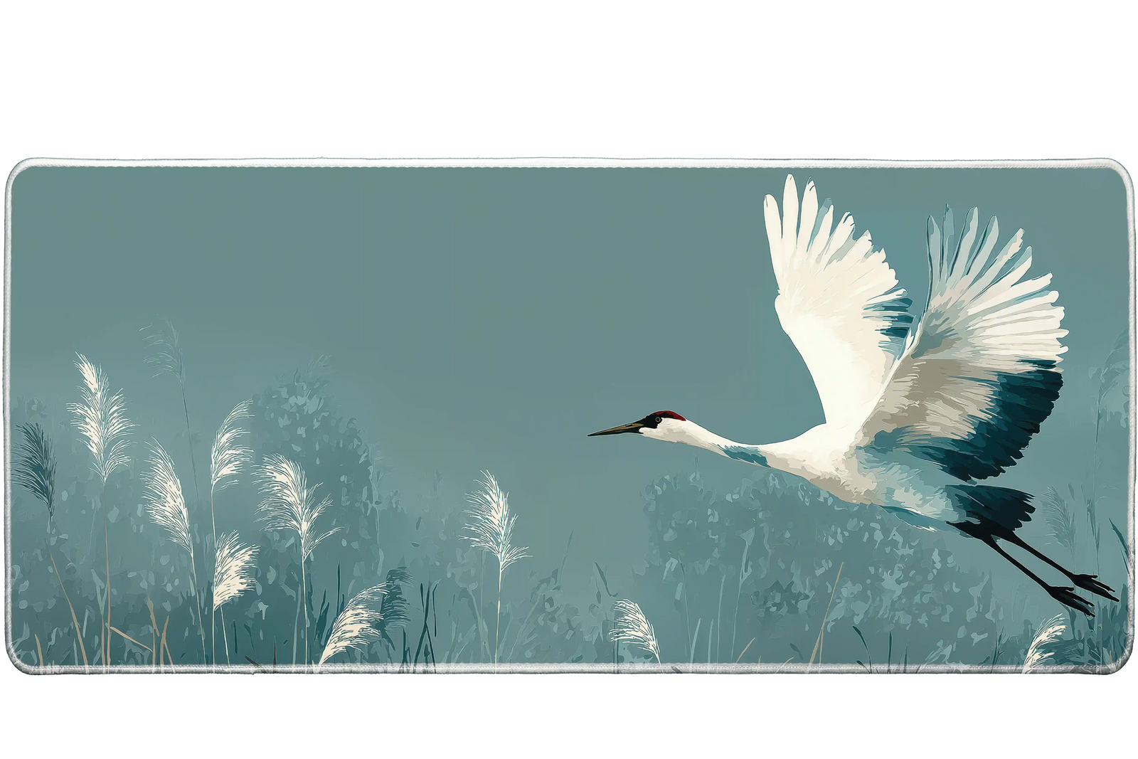 Animals 36x16in custom mouse pad featuring elegant crane in flight over reeds, non-slip base – PrintMyPad