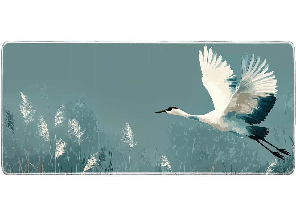 Animals 36x16in custom mouse pad featuring elegant crane in flight over reeds, non-slip base – PrintMyPad