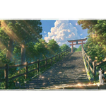 Full-width Japanese Forest Cat desk mat showing a resting cat beside a sunlit torii stairway and summer forest