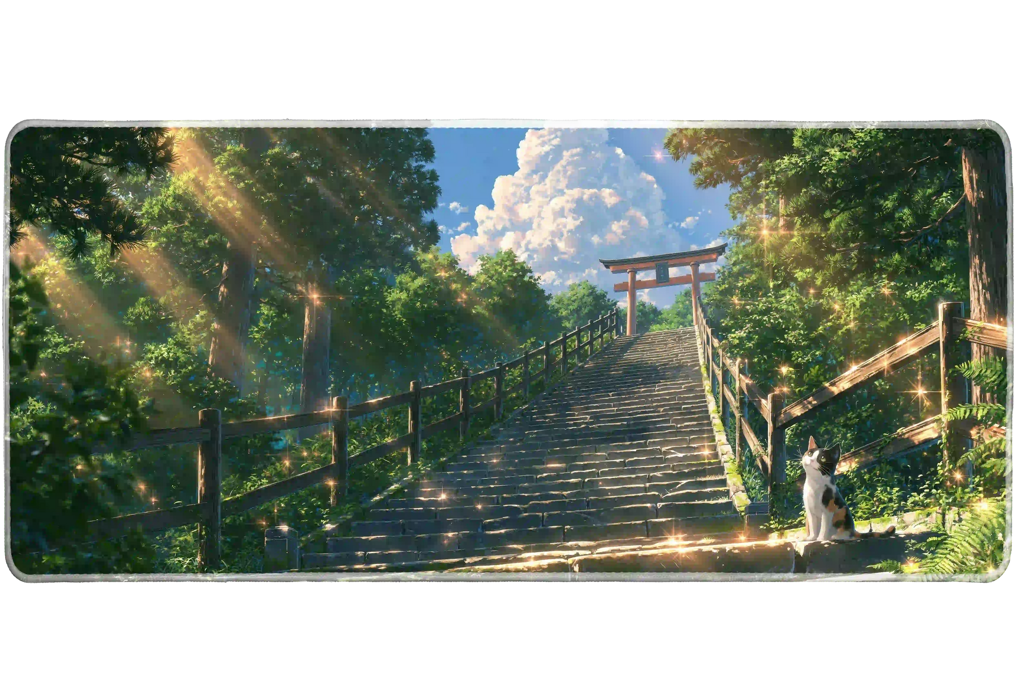 Full-width Japanese Forest Cat desk mat showing a resting cat beside a sunlit torii stairway and summer forest