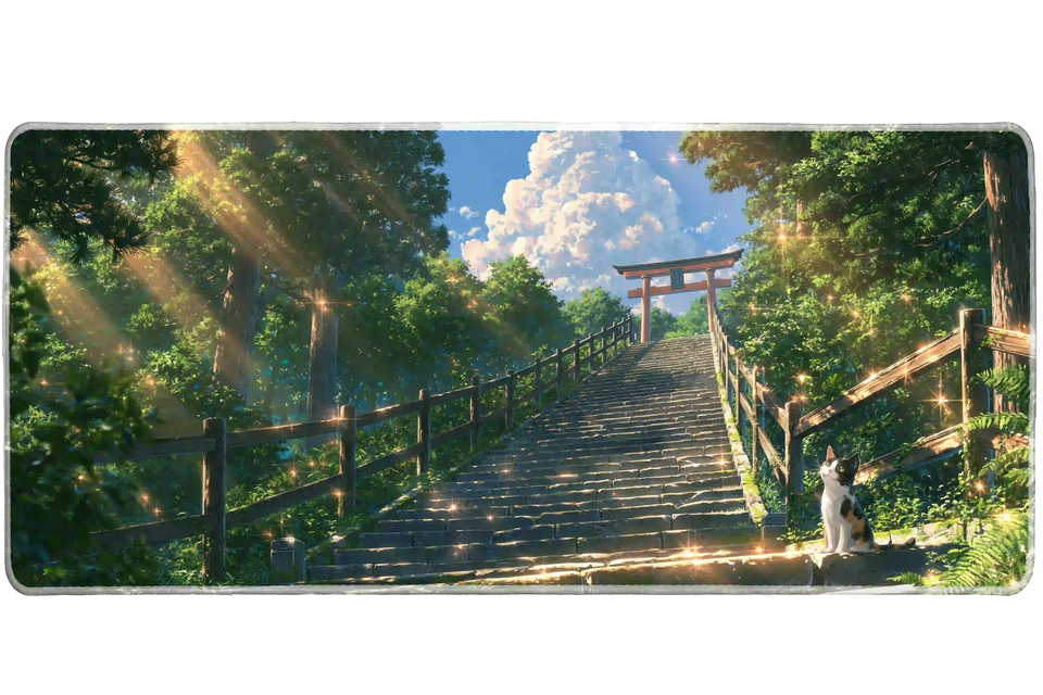 Full-width Japanese Forest Cat desk mat showing a resting cat beside a sunlit torii stairway and summer forest