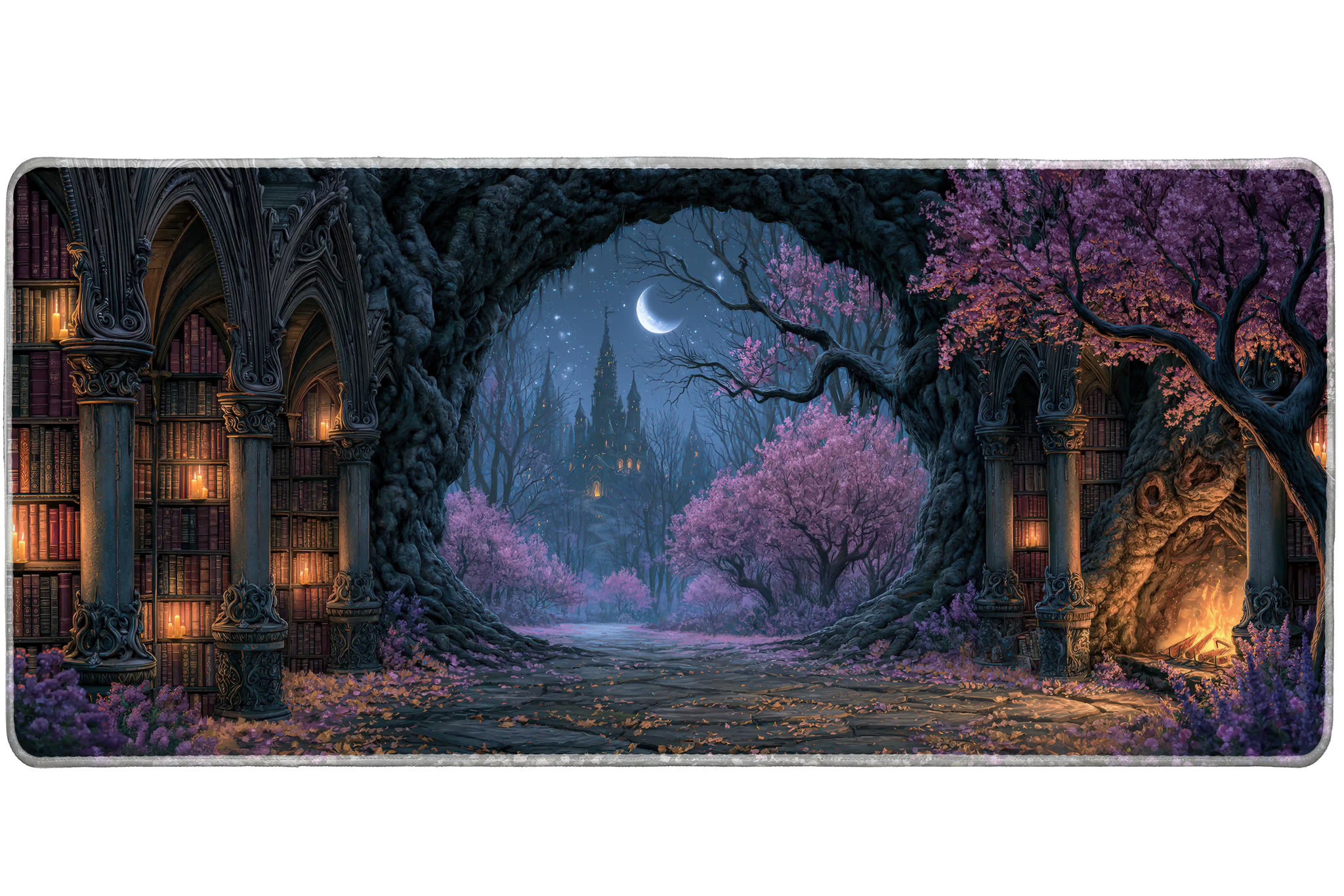 Fantasy Forest Library Desk Mat | Gothic Arches artwork on an extended desk mat with fantasy forest library design