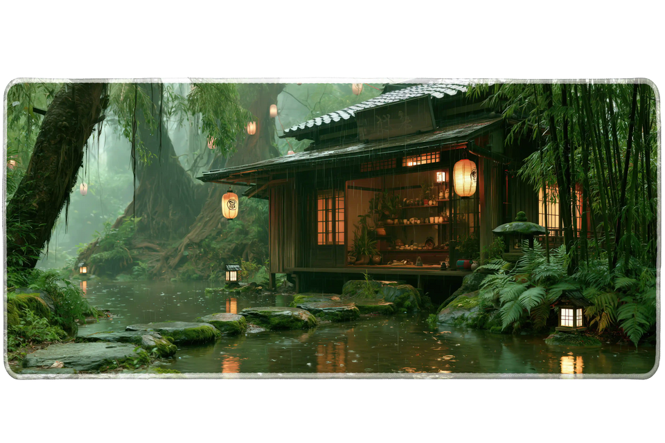 Forest Tea House Desk Mat | Bamboo Lanterns artwork on an extended desk mat with forest tea house design