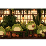 Wide cozy frog café library desk mat displaying the complete artwork across a desktop