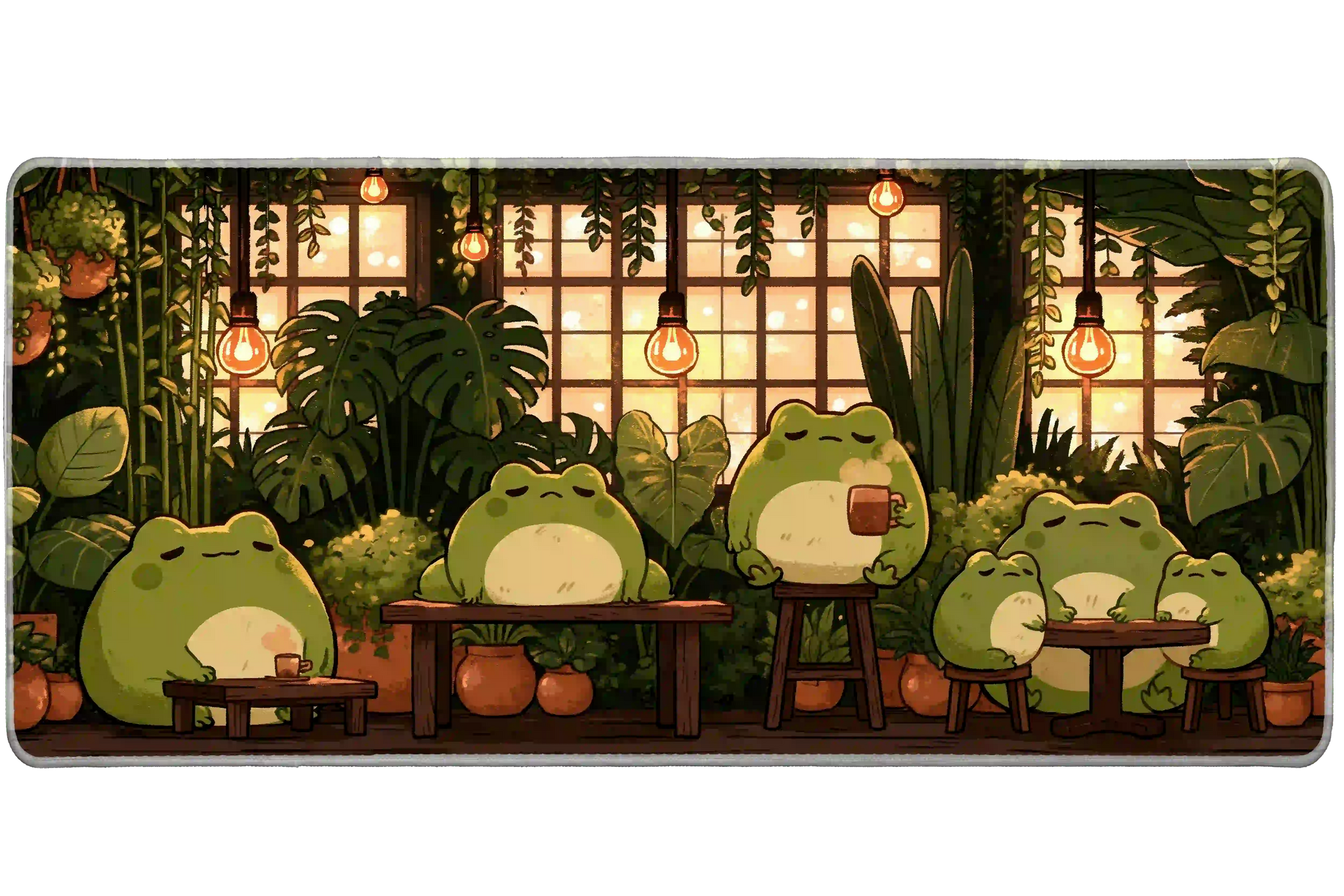 Wide cozy frog café library desk mat displaying the complete artwork across a desktop