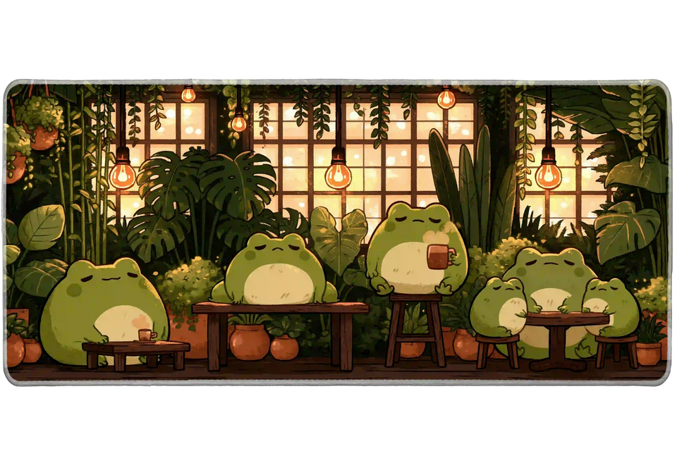 Wide cozy frog café library desk mat displaying the complete artwork across a desktop