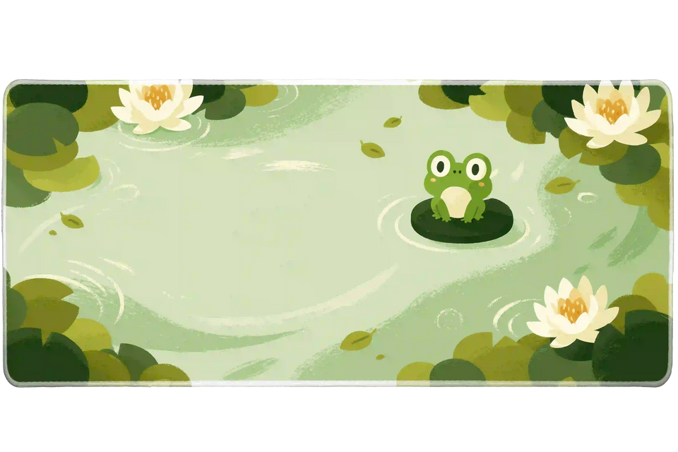 Cute frog lily pond watercolor desk mat shown in its wide-format artwork view
