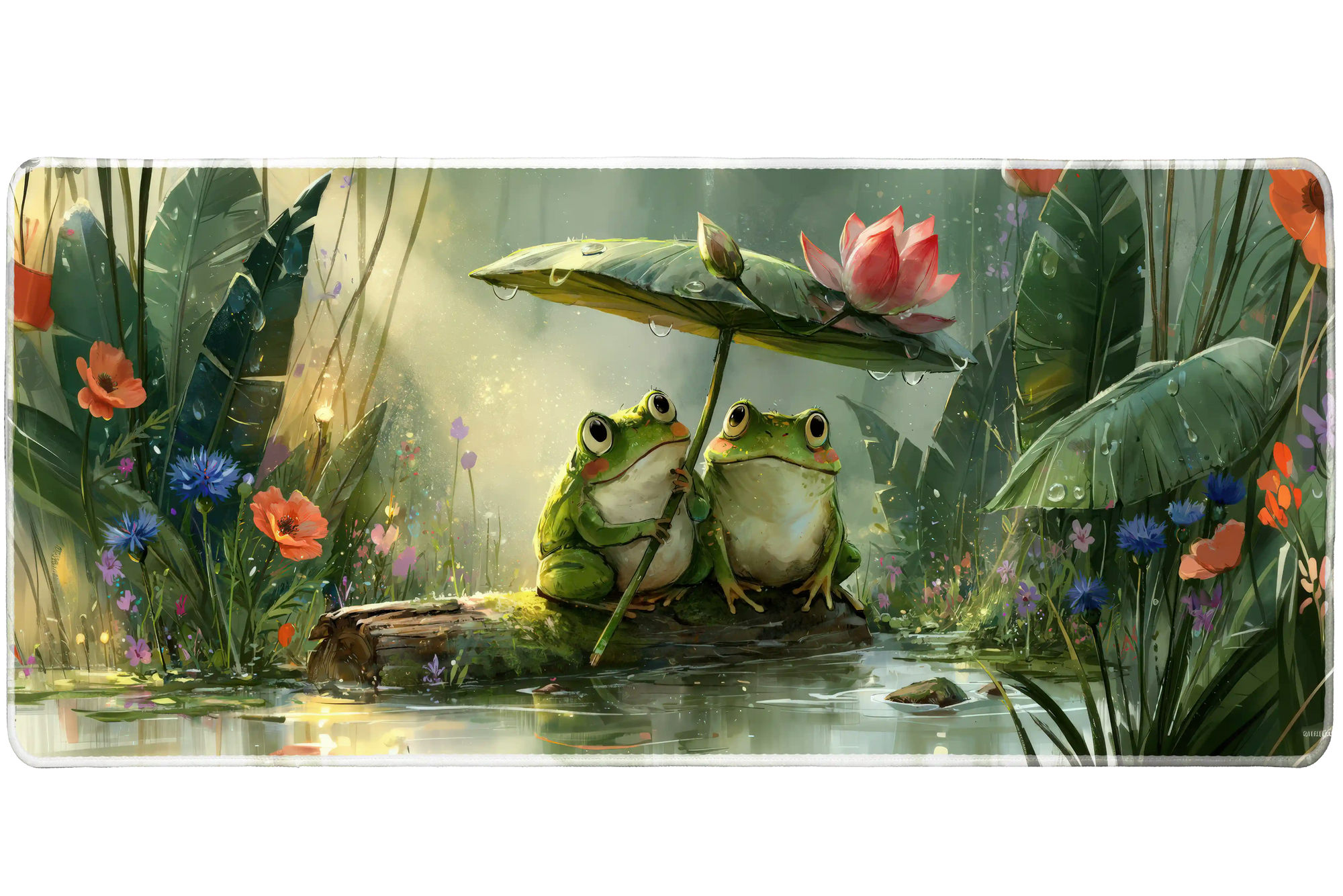 Frog Pond Desk Mat | Lotus Leaf Umbrella artwork on an extended desk mat with frog pond design