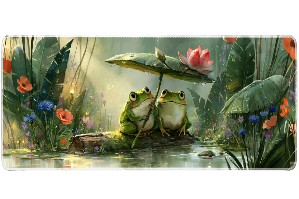 Frog Pond Desk Mat | Lotus Leaf Umbrella artwork on an extended desk mat with frog pond design