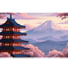 Wide Mount Fuji Blossom desk mat with Mount Fuji, a pagoda and soft cherry blossoms at sunset