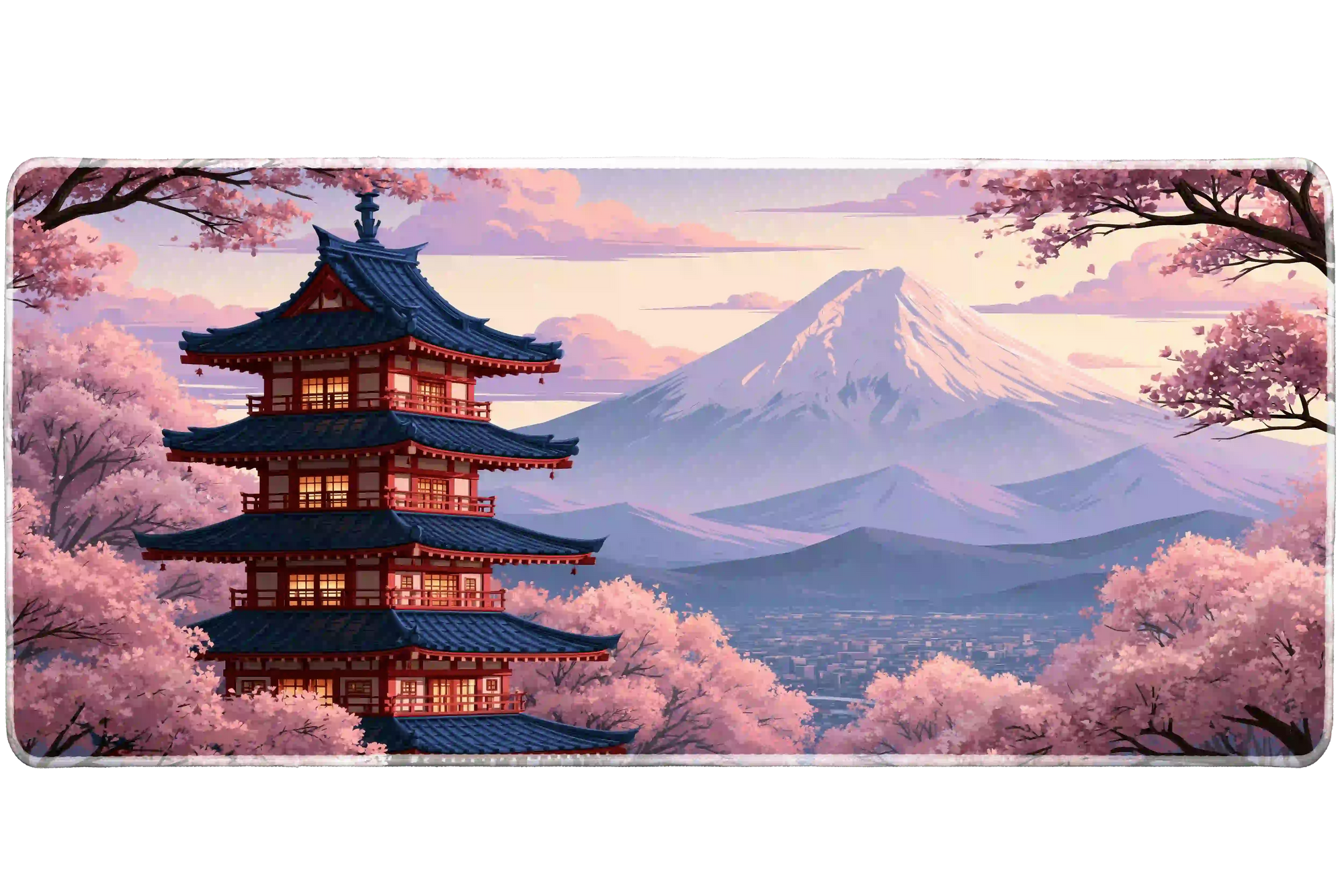 Wide Mount Fuji Blossom desk mat with Mount Fuji, a pagoda and soft cherry blossoms at sunset