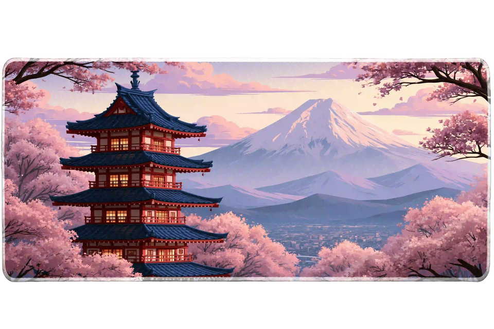 Wide Mount Fuji Blossom desk mat with Mount Fuji, a pagoda and soft cherry blossoms at sunset