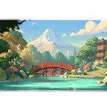 Wide Mount Fuji Garden desk mat with Mount Fuji, a red arched bridge, pagoda and garden pond