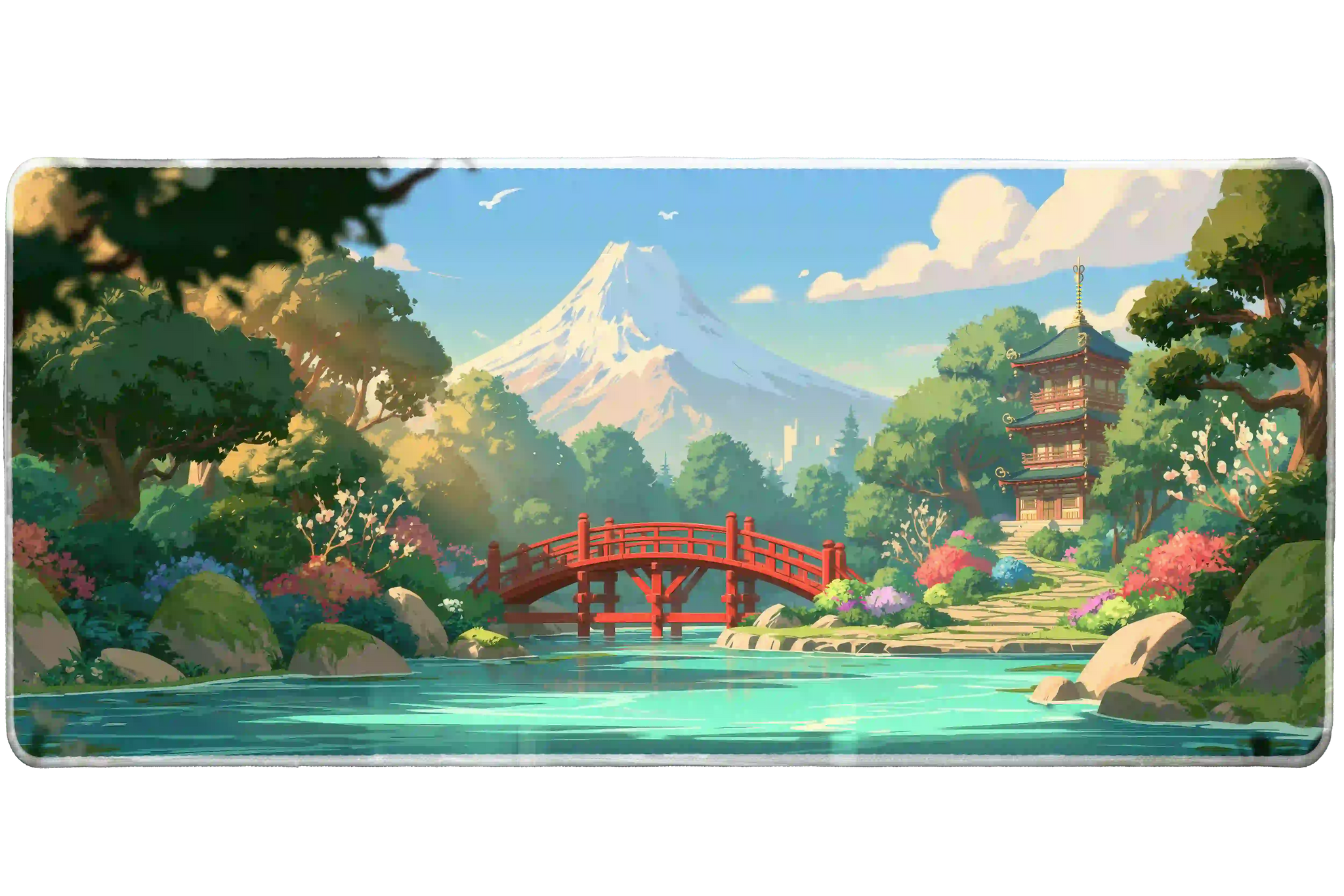 Wide Mount Fuji Garden desk mat with Mount Fuji, a red arched bridge, pagoda and garden pond