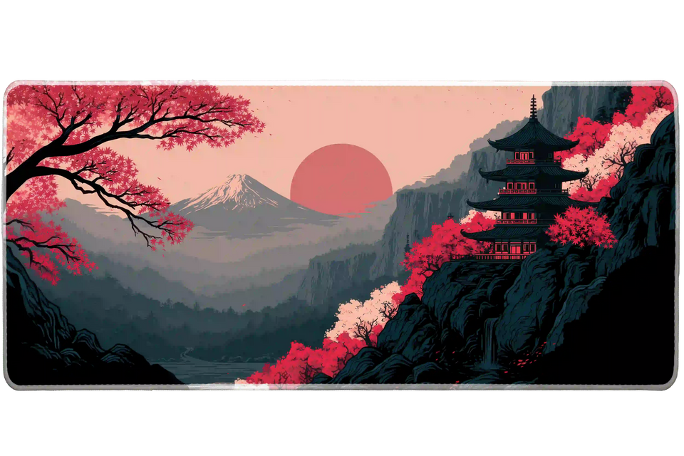 Mount Fuji Pagoda desk mat product view highlighting Mount Fuji, a traditional pagoda and vivid red maple trees