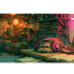 Fluffy Gamer Cat Desk Mat | Cozy Room Mouse Pad artwork on an extended desk mat with fluffy cat gamer room artwork