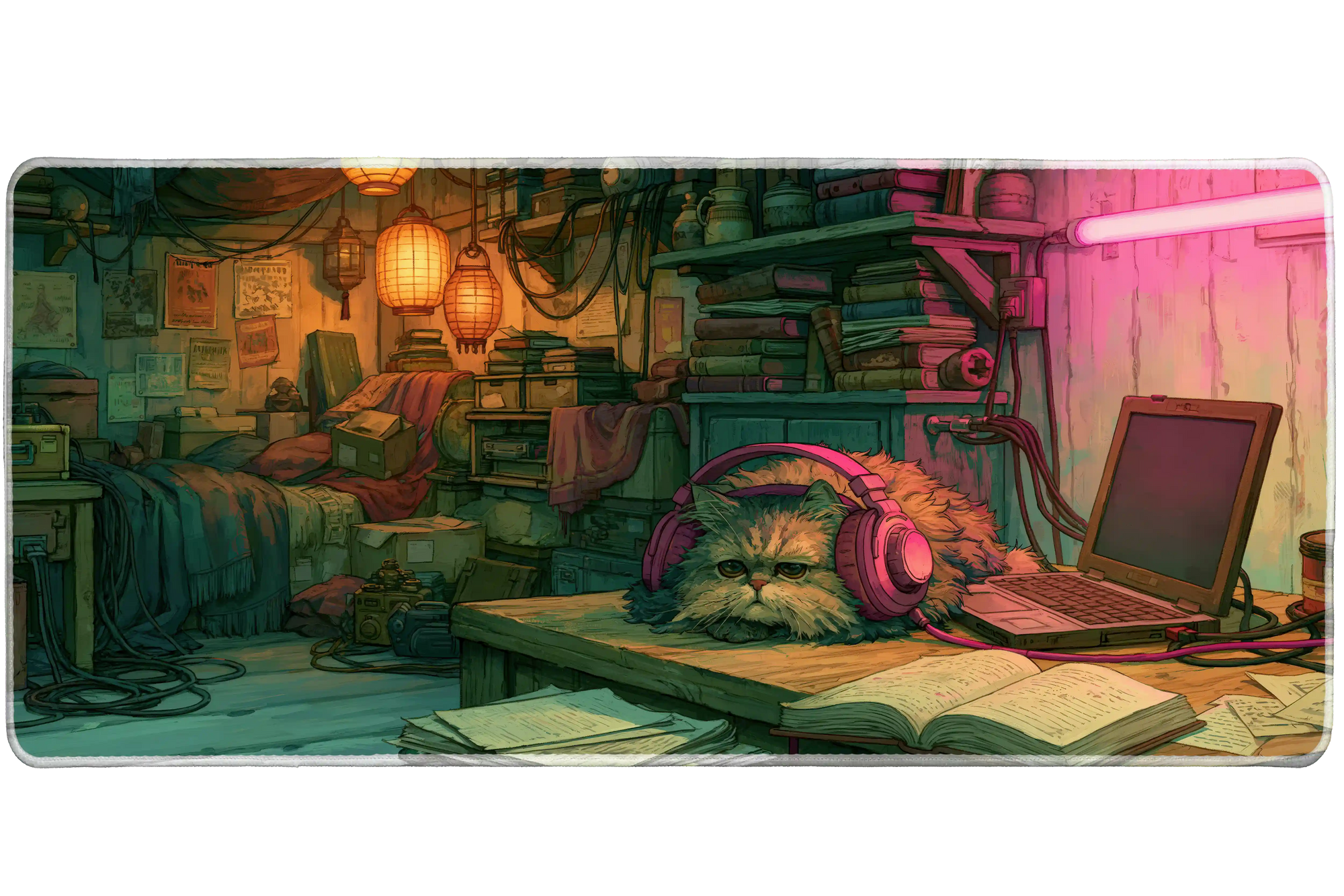 Fluffy Gamer Cat Desk Mat | Cozy Room Mouse Pad artwork on an extended desk mat with fluffy cat gamer room artwork