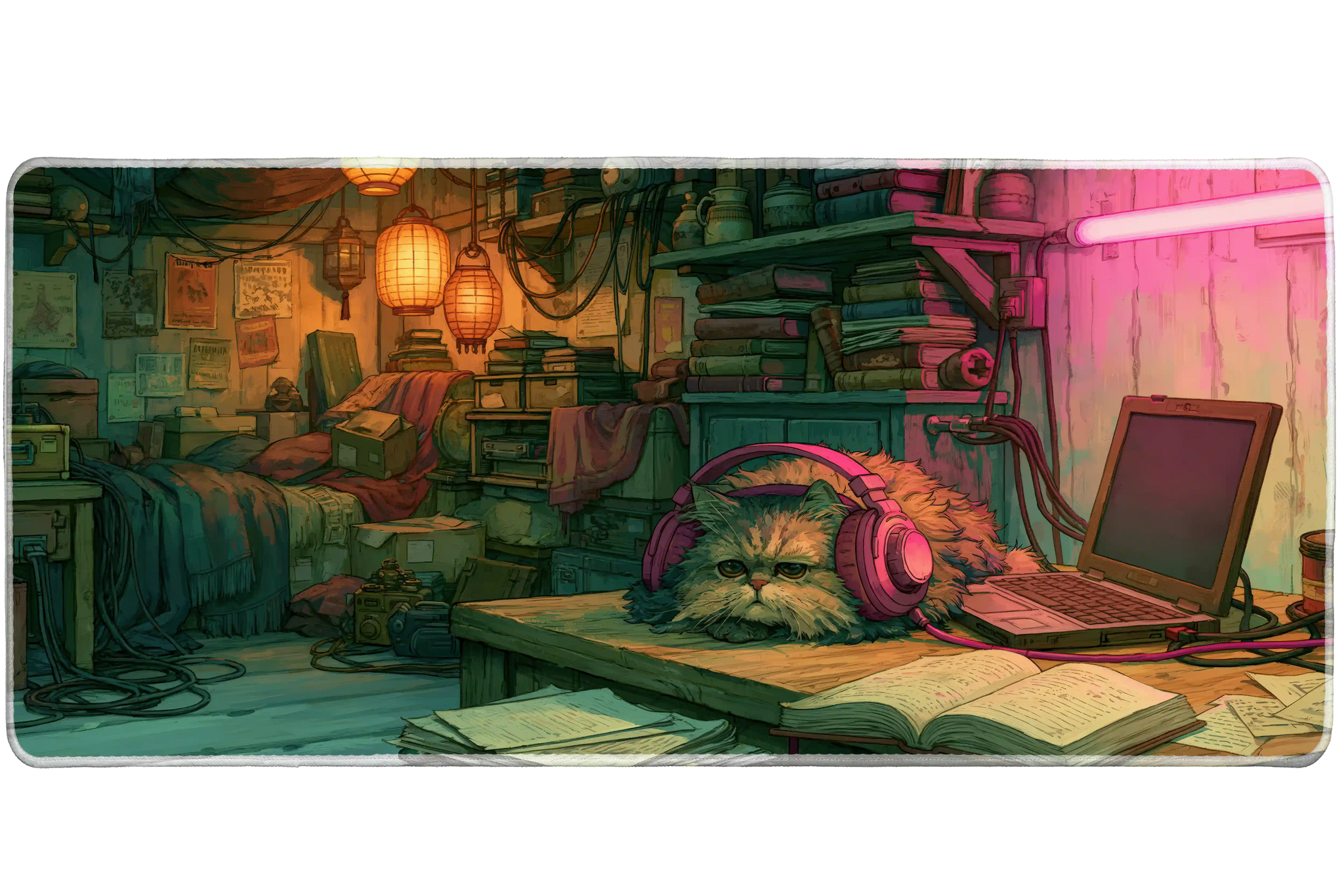 Fluffy Gamer Cat Desk Mat | Cozy Room Mouse Pad artwork on an extended desk mat with fluffy cat gamer room artwork