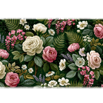 Vintage Garden Floral Green Fern Rose desk mat with cream roses, pink blossoms, daisies, ferns, and deep