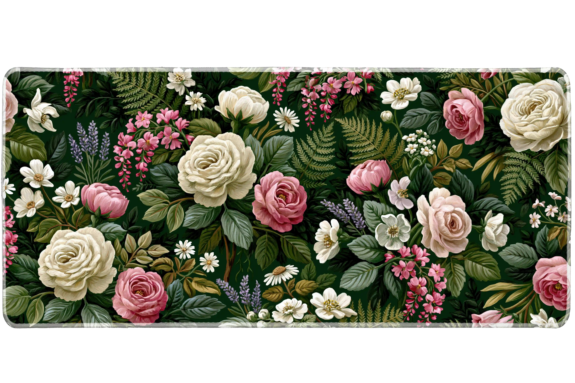 Vintage Garden Floral Green Fern Rose desk mat with cream roses, pink blossoms, daisies, ferns, and deep