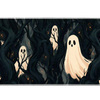 Haunted forest desk mat with pale cream ghosts between twisted charcoal trees and tiny orange ember accents