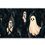 Haunted forest desk mat with pale cream ghosts between twisted charcoal trees and tiny orange ember accents