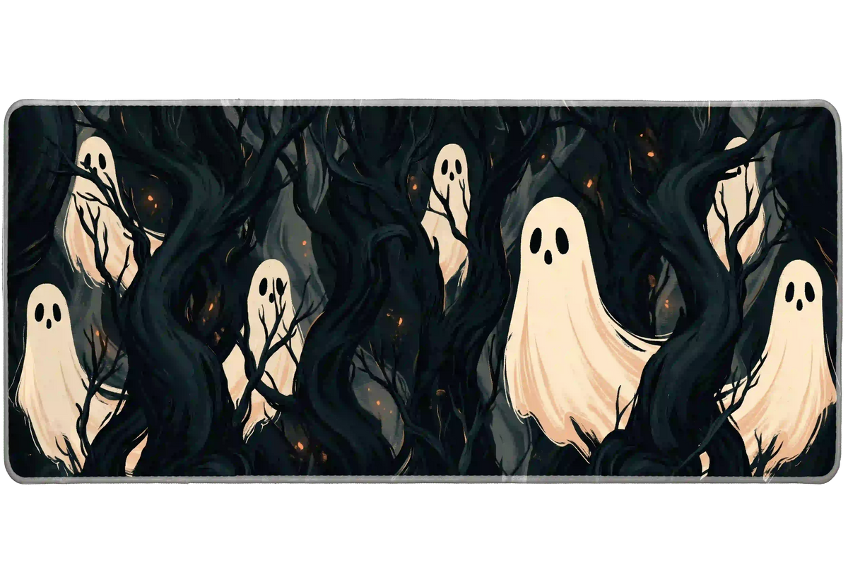 Haunted forest desk mat with pale cream ghosts between twisted charcoal trees and tiny orange ember accents