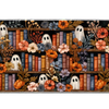 Cozy ghost floral Halloween library artwork on an extended desk mat for a full keyboard and mouse layout