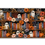 Cozy ghost floral Halloween library artwork on an extended desk mat for a full keyboard and mouse layout