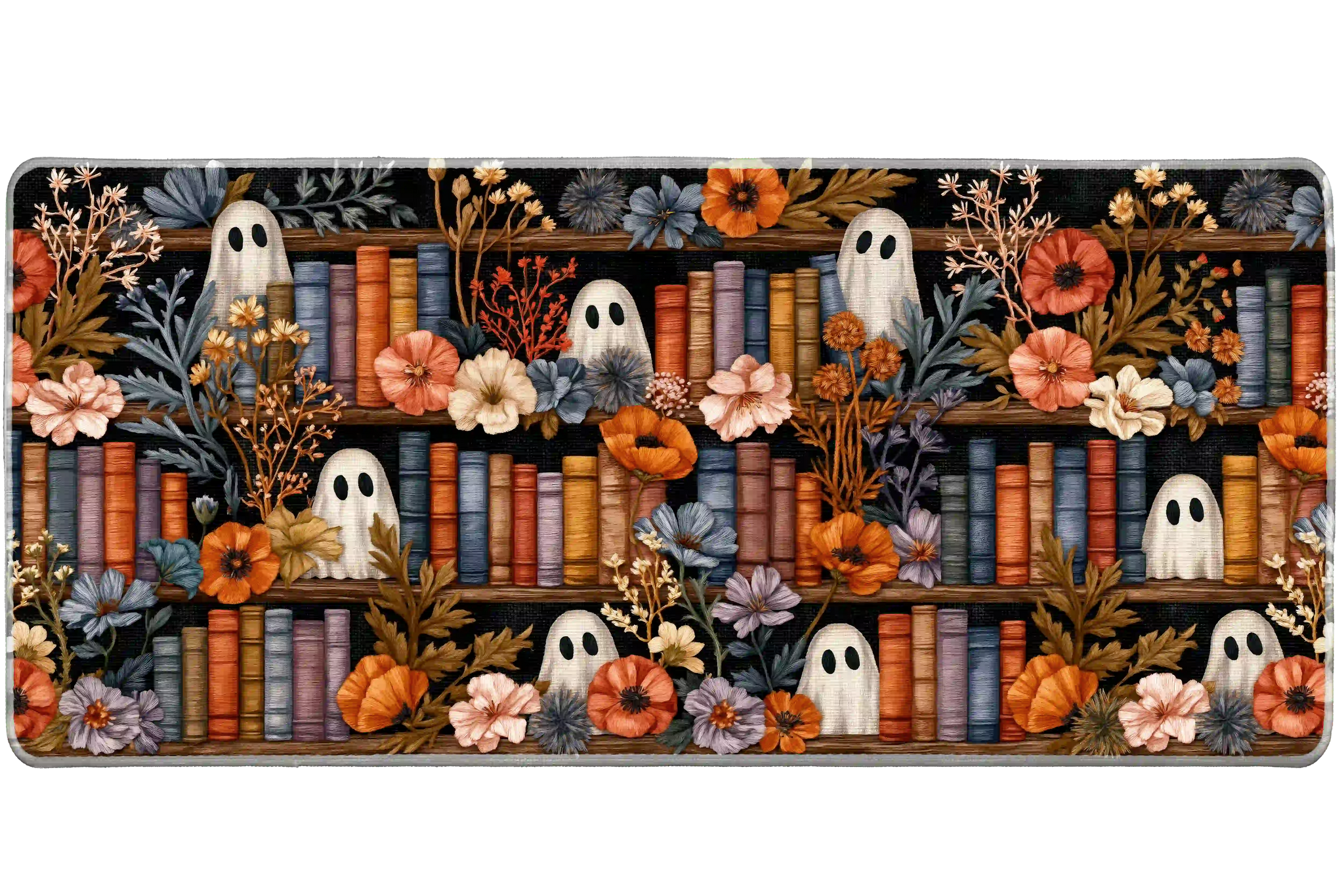 Cozy ghost floral Halloween library artwork on an extended desk mat for a full keyboard and mouse layout