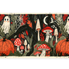 Whimsical Halloween desk mat with cream ghosts, orange pumpkins, red mushrooms and spiderwebs among dark trees