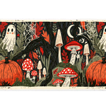 Whimsical Halloween desk mat with cream ghosts, orange pumpkins, red mushrooms and spiderwebs among dark trees