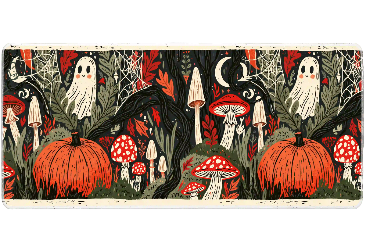 Whimsical Halloween desk mat with cream ghosts, orange pumpkins, red mushrooms and spiderwebs among dark trees