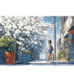 Anime 90x40cm custom desk mat featuring girl on bicycle under blooming cherry blossoms, non-slip rubber – Print My Pad