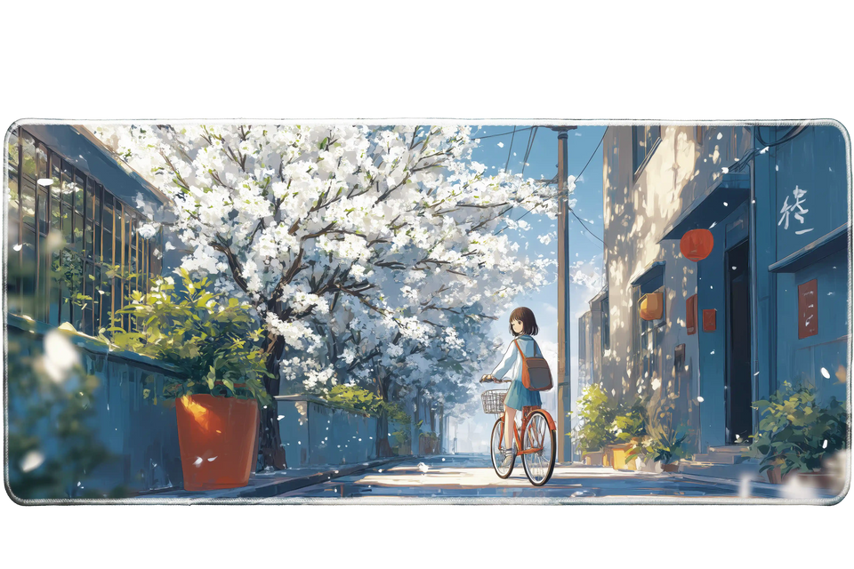 Anime 90x40cm custom desk mat featuring girl on bicycle under blooming cherry blossoms, non-slip rubber – Print My Pad