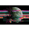 Glitch moon desk mat with a gray lunar surface crossed by pink, cyan, green, red and orange digital bands on black