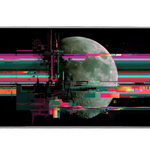Glitch moon desk mat with a gray lunar surface crossed by pink, cyan, green, red and orange digital bands on black