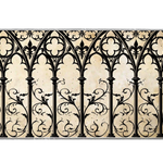 Gothic cathedral desk mat with repeating black pointed arches, columns and scrolling ornament on an aged cream background