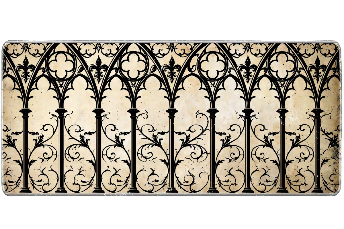 Gothic cathedral desk mat with repeating black pointed arches, columns and scrolling ornament on an aged cream background
