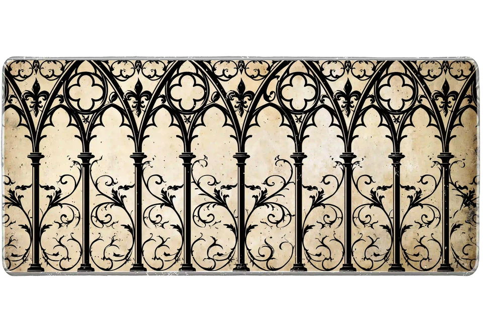 Gothic cathedral desk mat with repeating black pointed arches, columns and scrolling ornament on an aged cream background